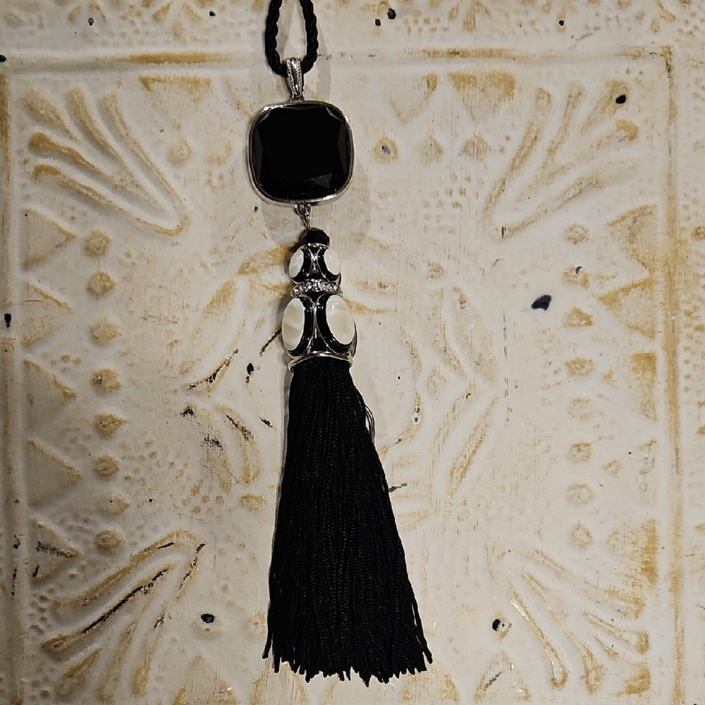 Signed C1946 Black Fringe Beige MOP & Crystal Pendant Black Cord Necklace